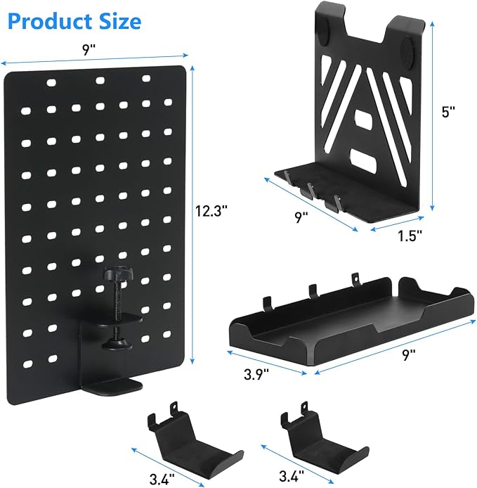 MAXECHO Desk Side Storage Holder, Metal Pegboard, Above or Under Desk Laptop Mount, Table Side Hanging File Organizer, Clamp On Cable Management Tray, Peg Board for Gaming, Office