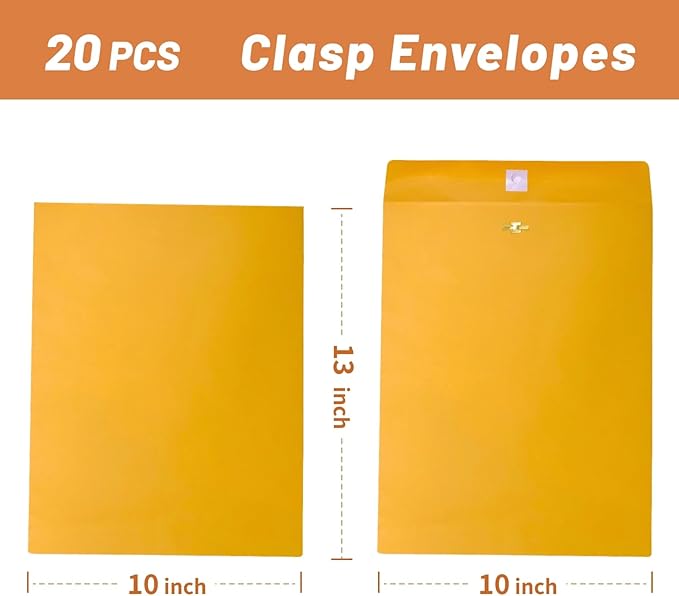 20 Pcs Clasp Envelopes 10x13, Creebe Large Yellow 10 x 13 Manilla Envelopes with Clasp and Gummed Seal for Mailing, 100 GSM Kraft Paper