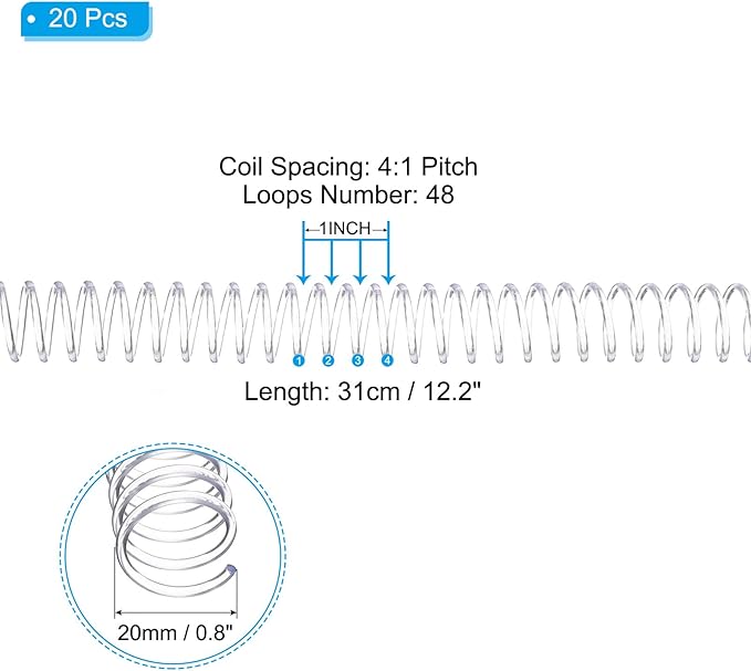PATIKIL 20mm(3/4") Plastic Spiral Binding Coils, 20 Pcs Binding Spirals 170 Sheet Capacity 4:1 Pitch Binding Spirals for Binding Paper Sheets, Transparent