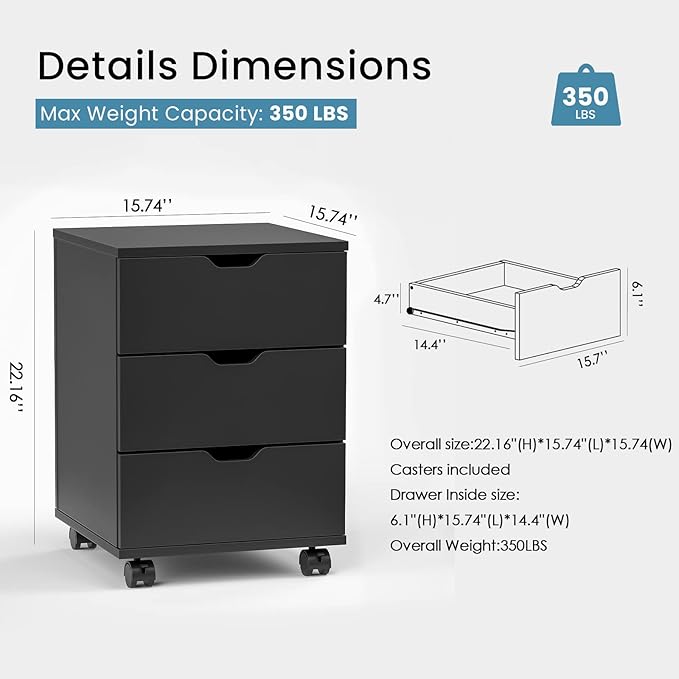 Farini Mobile File Cabinet for Home Office, 3 Drawer Chest Wood, Drawers Unit for Under Desk, Storage Drawers Cabinet Black