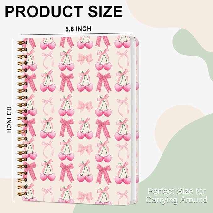 2 PCs Pink Bow Cherry Spiral Notebook Trendy Preppy Journaling Notebooks Cute Coquette Gifts for Women Teen Girls Note Books Journals for Writing Hardcover Notebook Office Classroom Supplies