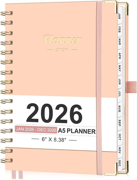 AHGXG 2026 Planner, Weekly and Monthly, 2026 Calendar, Jan 2026 - Dec 2026, Hardcover with Monthly Tabs, 100 GSM Thick Paper, for Women School Home Office Supplies, 6" X 8.38", Pink