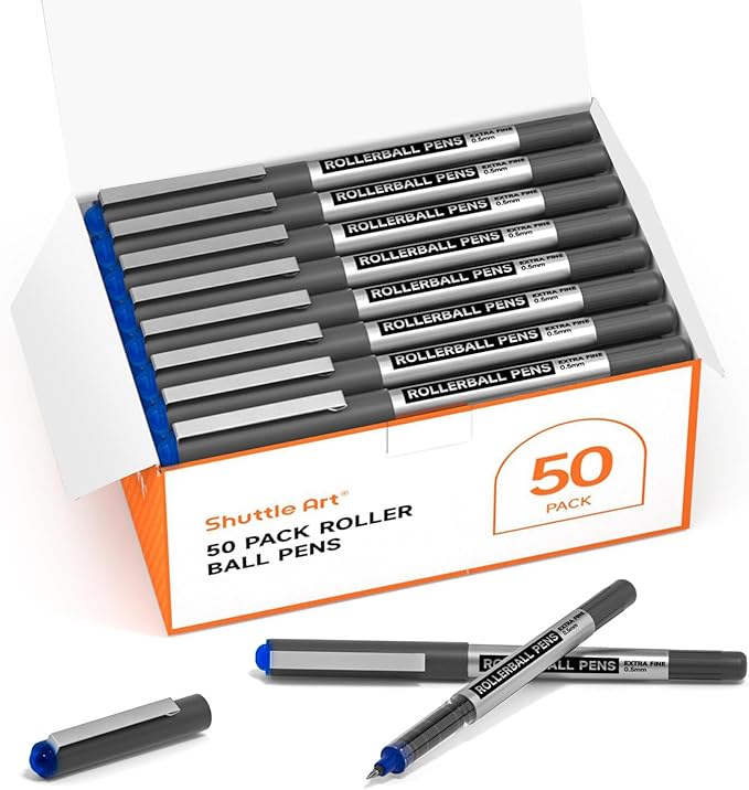 Shuttle Art RollerBall Pens, 50 Pack Blue Fine Point Roller Ball Pens, 0.5mm Liquid Ink Pens for Writing Journaling Taking Notes School Office