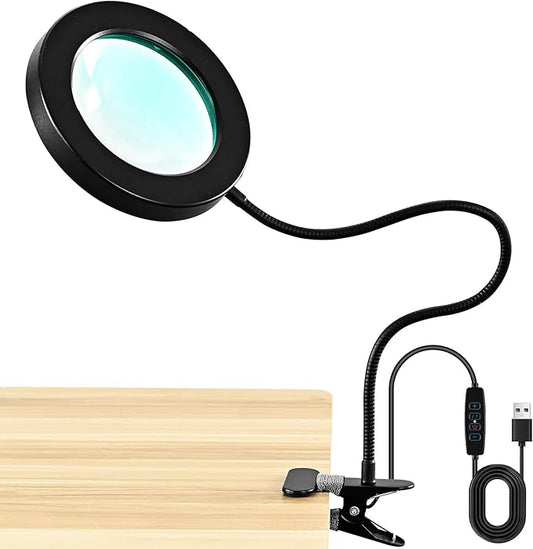 10X Magnifying Glass with Light and Timer, 2 in 1 Magnifying Desk Lamp, 3 Color Modes 10 Dimmable Brightness, Flexible Gooseneck Magnifier with Light for Craft Hobby Sewing Close Work(No Adapter)