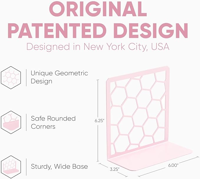 GEOMOD Geometric Honeycomb Pink Metal Bookends Decorative - Tall Sturdy Book Ends for Shelves - Modern Heavy Duty Bookend Stopper - Office or Home Book Shelf Book Holder - 6x3.25x6.25 Inches - 1 Pair
