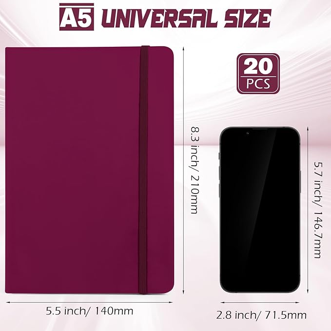 Honoson 20 Pack Lined Journal Notebooks A5 Hardcover Executive Notebook 5.5" x 8.3" PU Leather Wide Ruled Journals Bulk with Elastic Band for Home Business Office School Supplies(Burgundy)