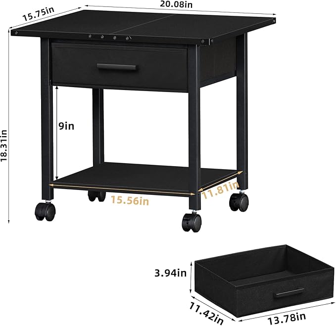 Lerliuo Under Desk Rolling Printer Stand with Drawer, 2-Tier Industrial Mobile Printer Table Desk with Storage Shelf and Steel Frame, Printer Cart Holder with Lockable Wheels for Home, Office (Black)