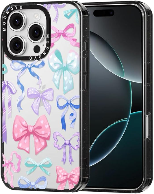 MOSNOVO Case for iPhone 16 Pro, [10ft 4X Military-Grade Drop Protection] Durable & Shockproof Phone Case Cover Design for iPhone 16 Pro - Bows - Clear Black