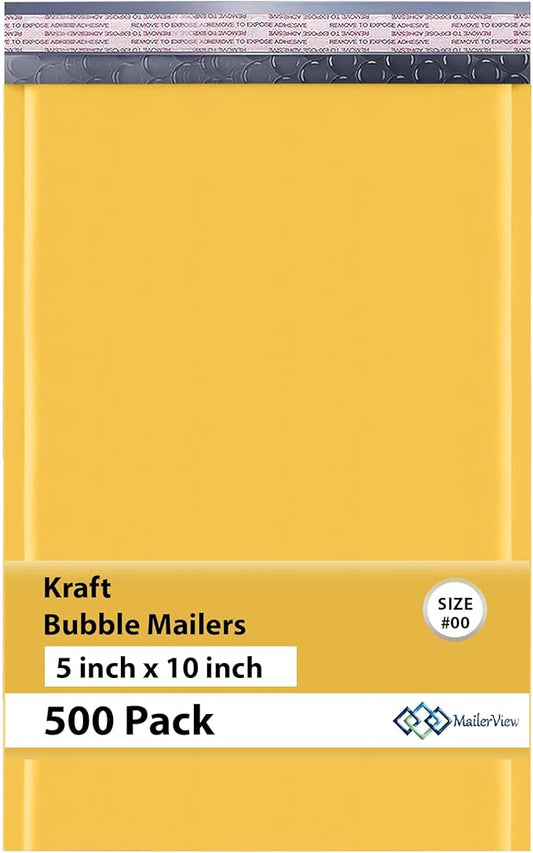 Small Kraft Bubble Mailers 5x10 inch #00 | Self Seal Padded Envelopes | Cushioned Bubble Mailer | Usable Size 5x9 | Lightweight mailing Shipping Bags For Package | 500 Pack Bulk | Made In USA