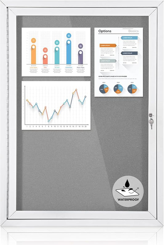 Outdoor Bulletin Board Weatherproof 36x24 in,Enclosed Bulletin Board with Locking Door, Wall Display Case for Office School Home Commercial, Silver Aluminum Frame, Gery Felt