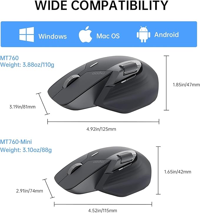 Rapoo MT760Mini Bluetooth Wireless Mouse - Bluetooth 5.0 and 2.4GHz Multi-Mode Connection, Support 4 Devices, M+ Cross Computer Technology, 11 Programmable Buttons, Matte Black
