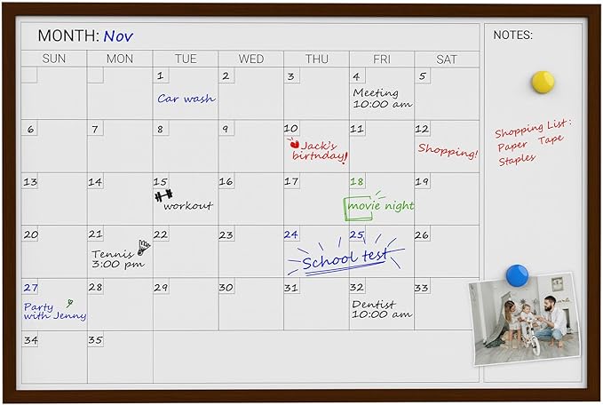 Comix Dry Erase Calendar Whiteboard for Wall,Magnetic Dry Erase White Board with Brown Wood Frame, 36 * 24 inches Decorative Planner Board for Office, Kitchen, School, Home