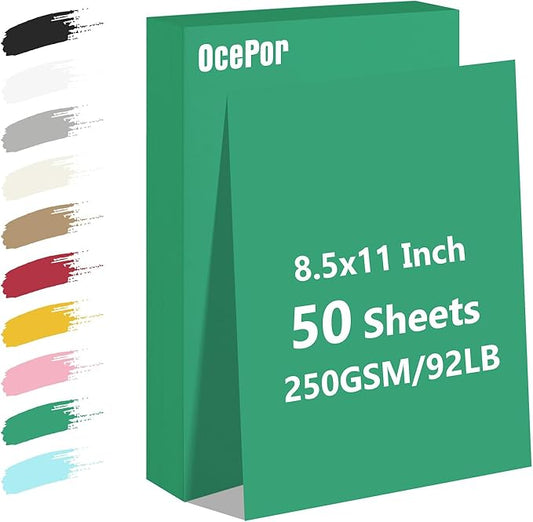 OcePor 50 Sheets Christmas Green Cardstock Paper, Colored Printer Paper 8.5 x 11, Card Stock Thick Construction for Craft,Scrapbook，Office Printing, Invitations, Certificates，92 lb/250gsm
