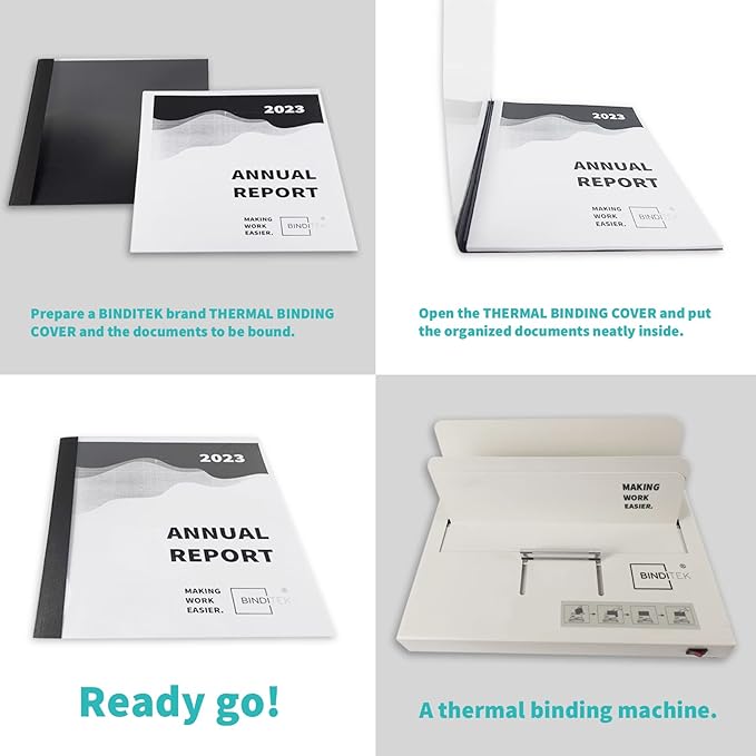 Binditek 10 Pack Thermal Binding Presentation Covers, 1 Inch Spine, Holds 220 Sheets, Ultra Clear Front Cover, Black Paper Back Cover, Letter Size, for Students and Coworkers
