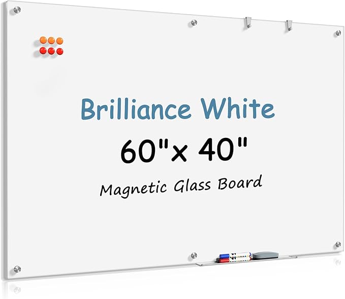 MaxGear Glass White Board 60x40 Inches Brilliance White Magnetic Dry Erase Board Wall Mounted Whiteboard, Large Frameless Whiteboard with 1 Eraser,3 Markers and 6 Magnets for Office, School, Home
