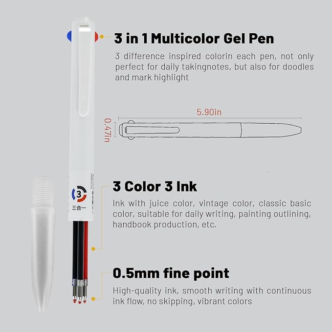 3-in-1 Retractable Gel Pens Colored - 0.5mm Fine Point Smooth Writing - Gel Ink Multicolor Gel pens for Journaling Planner, Nurse 6-count in 3 colors (Black, Red, Blue)