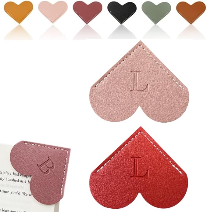 Personalized Leather Heart Bookmark, 26 Letters Customized Corner Book Mark for Reading Women, Book Marker with Initials，Cute Gifts (Red+Light Pink, L)