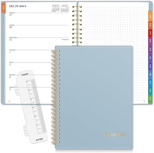SUNEE 2026 Weekly and Monthly Planner - January 2026-December 2026, 6.4" x 8.3" Half Weekly Half Note, Daily Agenda Planner with PVC Waterproof Cover, Monthly Tab, Note, Pockets, Bookmark, Blue