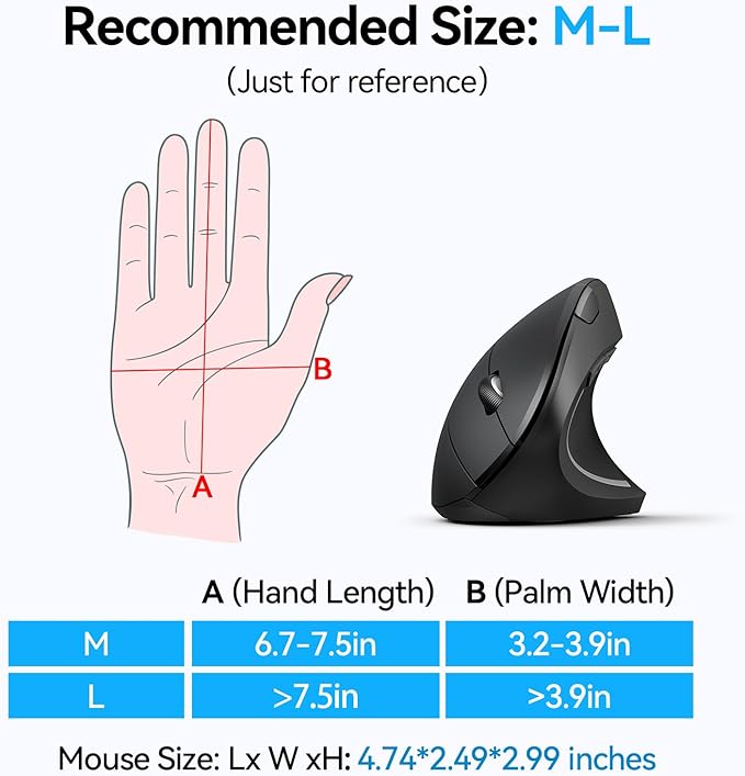 TECKNET Ergonomic Mouse, Wireless Bluetooth Vertical Mouse, 4800 DPI Optical Tracking, 6 Adjustable DPI, Quiet Clicks, 2.4GHz with USB A Receiver, 12 Months Battery, 6 Buttons, Wide Compatibility
