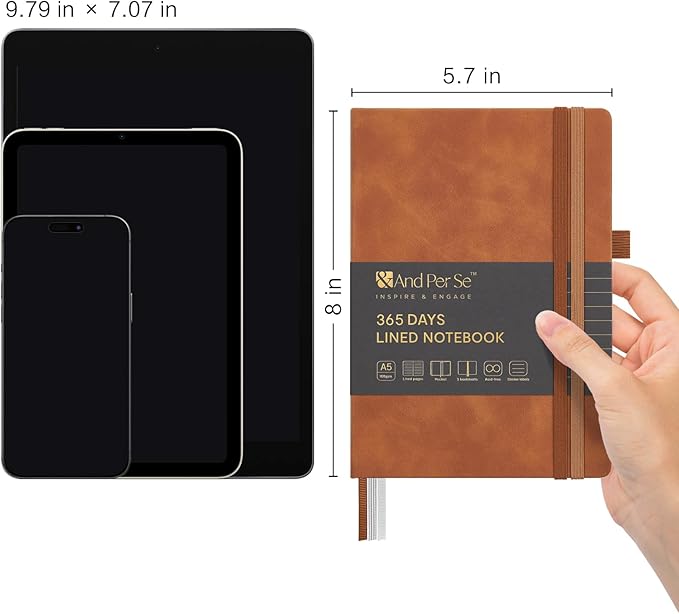 &And Per Se Lined Journal Notebook, 365 Pages, A5, 5.7'' x 8'' 100GSM Thick Paper, Journals for Writing, Hardcover Notebooks for Women Men (Brown)