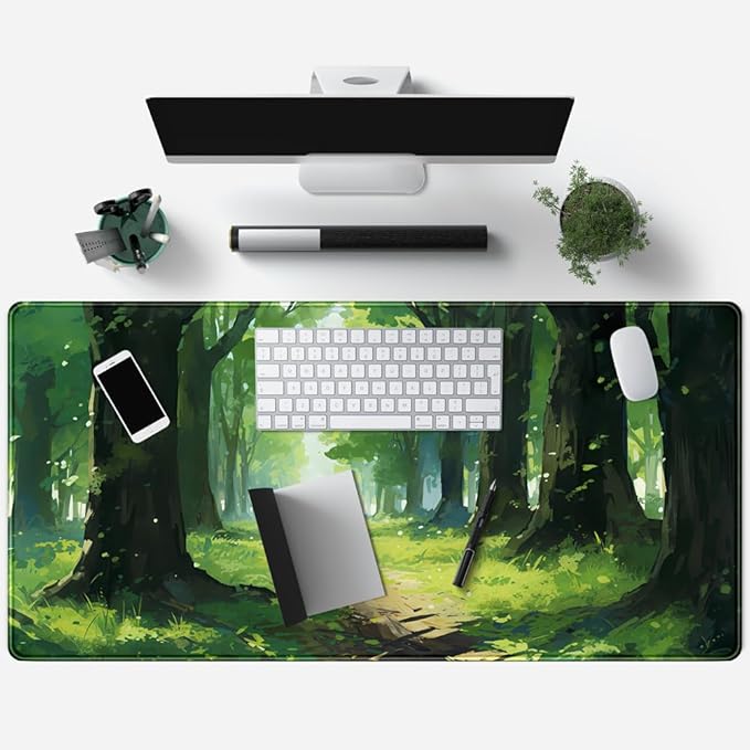 Jungle Anime Green Girl Character Desk Mat Aesthetics Oil Painting Ai Art Gaming Big Mouse Pad for Desk Office Decor for Women Large Desktop Mat Laptop Keyboard Mousepad Pad for Desk 31.5x15.8in