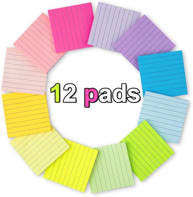 (12 Pads) Lined Sticky Notes 3x3 in Ruled Stickies Super Sticking Power Memo Pads Bright Colors