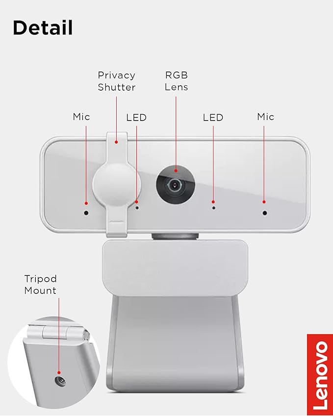 Lenovo HD 1080p Webcam (300 FHD) - Monitor Camera with 95° Wide Angle, 360° Rotation Pan & Tilt, Dual Microphones – Attachable Desktop Cam with Privacy Shutter for Remote Work, Streaming & Gaming