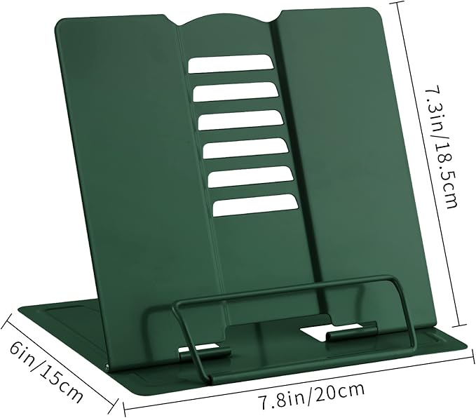 MSDADA Book Stand Metal Reading Rest Book Holder Adjustable Cookbook Documents Holder Portable Sturdy Bookstands for Recipes Textbooks Tablet Music Books with Page Clips (Military Green)