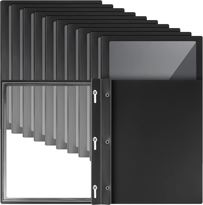 Teling 36 Pcs Report Covers with 3 Prong Fasteners Clear Front Presentation Folders Frame View Poly Report Folder Presentation Binder for Paper Document School Office(Black)