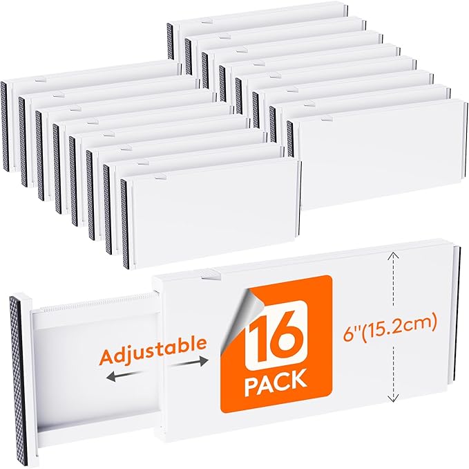 Lifewit 16 Pack Drawer Dividers Plastic 6" High, 13.5-22" Adjustable Drawer Organizers for Clothes, Expandable Dresser Separators in Bedroom/Bathroom/Kitchen/Vanity/Office Organization and Storage