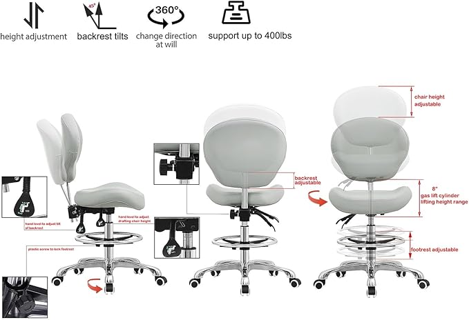 Kaleurrier Adjustable Stools Drafting Chair with Backrest & Foot Rest Tilt Back Swivel Seat Rolling Wheels for Studio Dental Office Salon and Counter Armless Tall Home Desk Chairs (Grey)