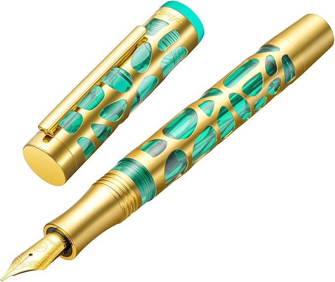 Asvine V169 Vacuum Filling Fountain Pen Iridium Extra Fine Nib, Water Drop Skeleton Gold Trim Transparent Green Acrylic Pen Case Set