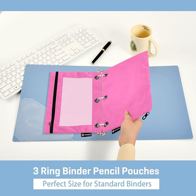 Gredecor Binder Pencil Pouch 3 Ring Hot Pink Zipper Pencil Pouches Case 2 Pack Clear Binder Organizer for School Office