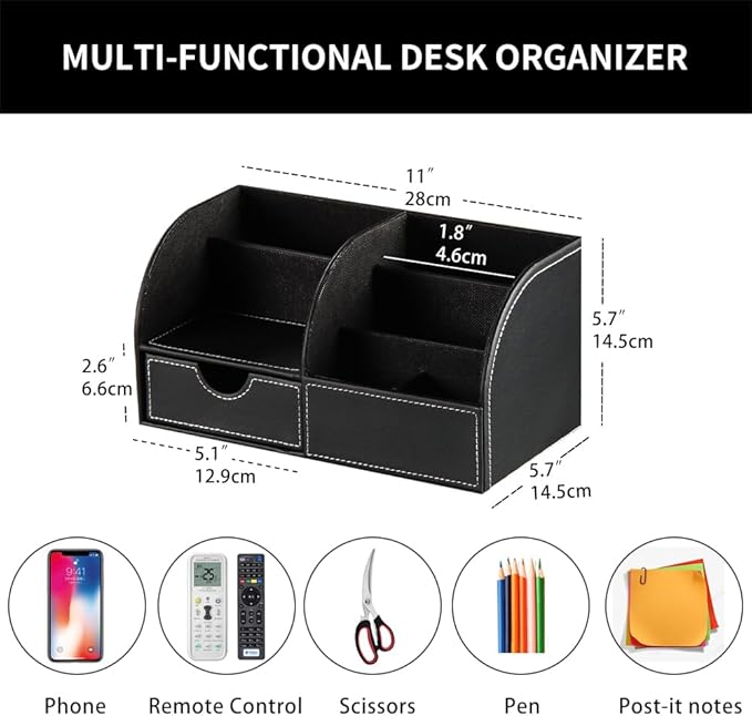 Desk Organizer, PU Leather Desktop Organizers and Accessories, Office Supplies Multi-Functional Caddy Storage with 6 Compartments and 1 Drawer, Workspace Organizer for Office Home School Classroom