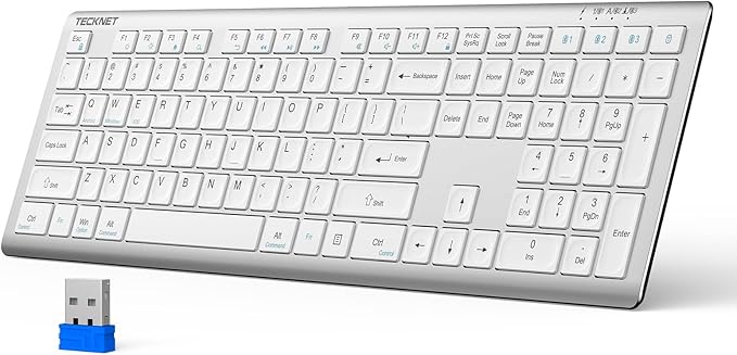 TECKNET Bluetooth Keyboard Rechargeable, 4-Device Free Switching (2.4G+BT), Ultra-Slim Full Size Wireless Keyboard, Quiet Typing, for PC/Laptop/Smart TV/Phone, Adjustable Stand, 12 Multimedia Keys