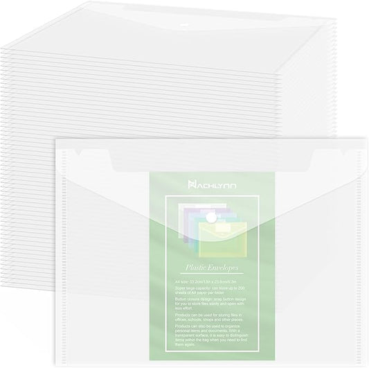 NACHLYNN 108 Pack Plastic Envelopes Poly Envelopes with Snap Closure A4 Size Clear Document File Folders Organizers Clear File for School Office Supplies