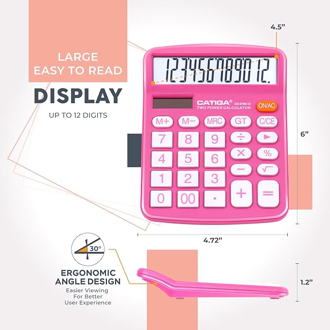 CATIGA Desktop Calculator (2 Pack) 12 Digit with Large LCD Display and Sensitive Button, Solar and Battery Dual Power, Standard Function for Office, Home, School, CD-2786 (Blue/Pink)