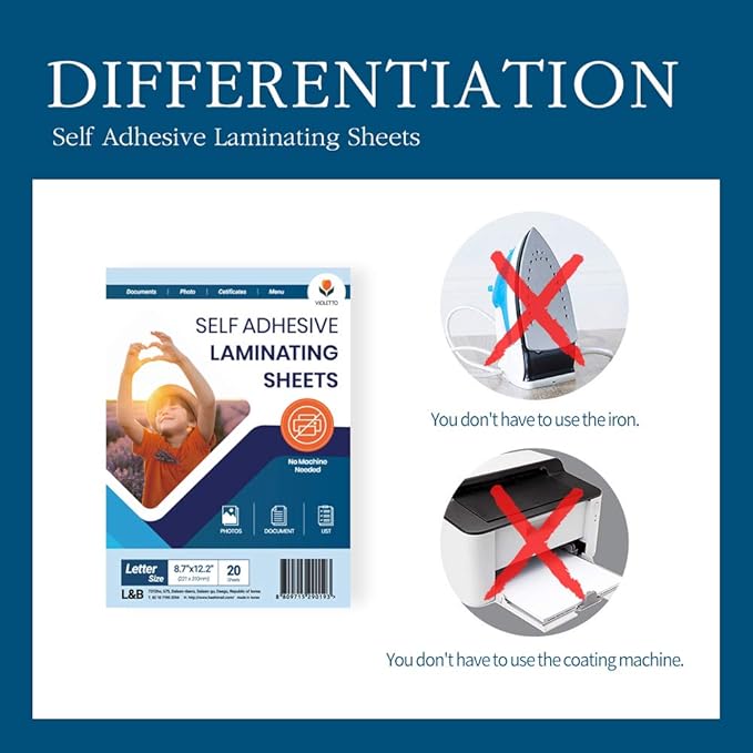 Self Stick Laminating Sheets 8.7 x 12.2 Inches, 4mil, Pack of 20, No Heat, No Machine, Peel and Stick Laminating Sheets, Self Adhesive Contact Paper, Self Sealing Clear Vinyl Stickers by VIOLLETO"