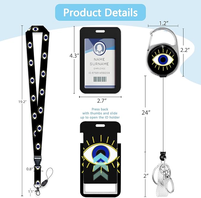 Evil Eye Badge Reel Retractable Heavy Duty with 360° Swivel Carabiner Clip, Evil Eye ID Badge Holder with Breakaway Lanyard, ID Card Holder Keychain Name Badge Clip, Nurse Teacher Gifts