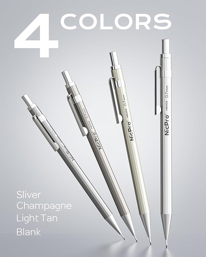 Nicpro 8 Pack 0.5mm & 0.7mm Metal Mechanical Pencil Set, MB1000 Lead Drafting Pencil for Artist Writing, Sketching, Drawing with 8 Tubes HB Lead Refills, 3PCS 4B Eraser, 9PCS Cap Eraser - With Case