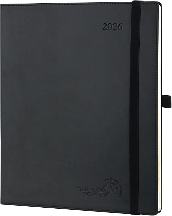 POPRUN 2026 Planner (Large - 8.5'' x 10.5'') - 2026 Weekly Calendar (Jan. 2026 - Dec. 2026) with Hourly Time Slots, Weekly/Monthly Appointment Book for Time Management - Leather Soft Cover - Black