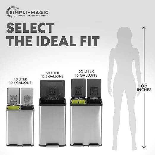 SIMPLI-MAGIC 50 Liter / 13.2 Gallon Soft-Close, Smudge Resistant Trash Can with Foot Pedal and Built in Filter- Stainless Steel, Sleek Finish