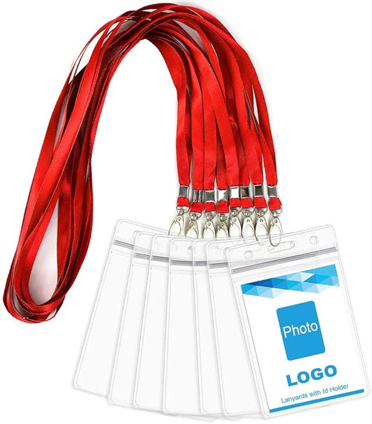Lanyard with ID Holder 50 Pcs Waterproof Name Tag Badge ID Card Holders ID Pass Holder and 50 Pcs Flat Neck Lanyards Swivel Hook (Red, Vertical)