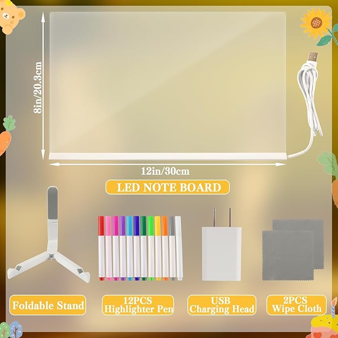 LED Note Board with Colors, 12"x 8" Glowing Acrylic Dry Erase Board with Light, Led Drawing Board with Stand LED Message Writing Board with 7 Markers for Holiday Party Christmas Gift