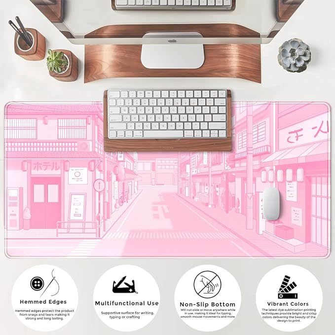 Pink Desk Mat Tokyo Street Desk Mat Anime Japanese Mouse Pad XL Kawaii Large Gaming Mousepad XXL, Cute Desktop Mat Laptop Keyboard Mouse Mat Desk Pad Big 31.5x15.7 in with Stitched Edges Non-Slip