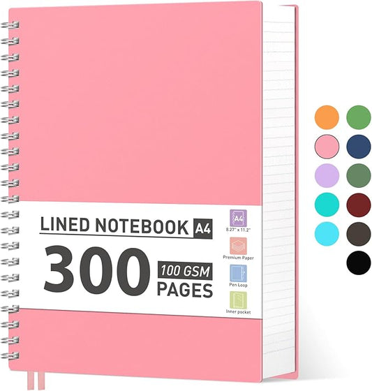 AHGXG Spiral Journal Notebook - College Ruled Notebook 8.5" x 11", 300 Pages Thick Journal for Women, 100GSM Thick Paper, Plastic Hardcover A4 Journal for Writing Work School Supplies, Pink