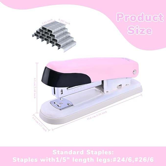 Temiary Stapler, Desktop Metal Staplers with 2000 Standard Staples, 25 Sheet Capacity, One Finger Stapling, Jam Free, No Effort Staplers for Classroom, Office or Desk (Pink)