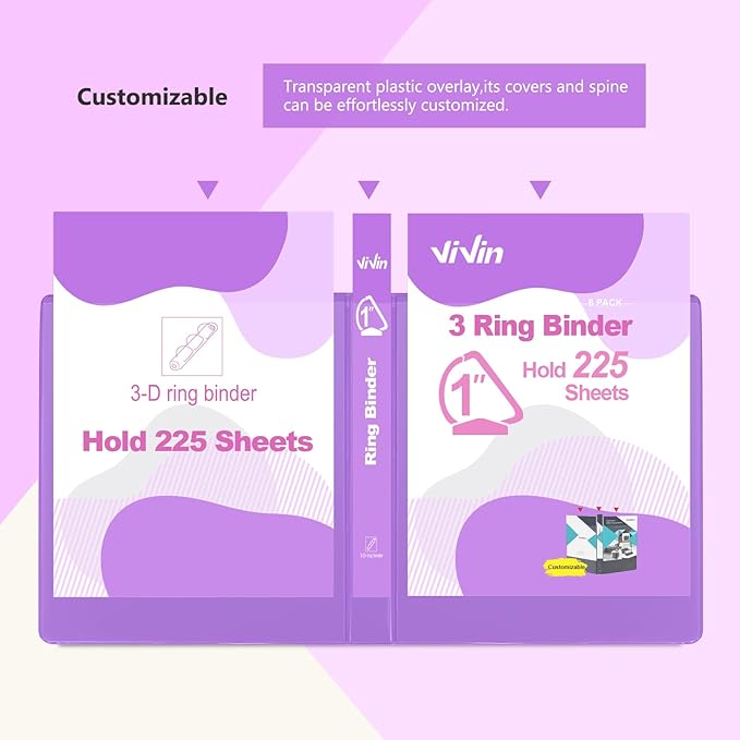 ViVin Sturdy 1 Inch D Ring Binders, 3 Ring Binders with 2 Pockets, Hold 225 Sheets of US Letter Size Paper for Office,Home,School, 6 Pack (Purple)