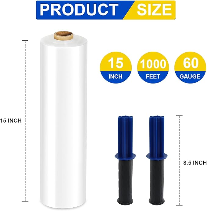 Stretch Film, RAZCC Stretch Wrap Industrial Strength, Shrink Wrap for Pallet Wrap, Heavy Duty Clear Plastic Wrap with Handles, Moving Wrapping Plastic Roll, 15" x 1000 Ft Per Roll, 60 Gauge, 4 Pack