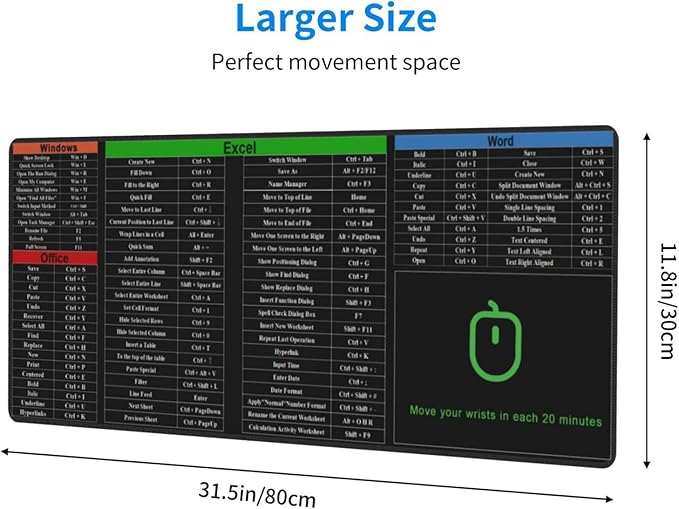 Excel Shortcut Keys Mouse Pad, Computer Word Outlook Command Prompt Extended Large XL Cheat Sheet, Non Slip Rubber Base Stitched Edge Gaming Mousepad, PC Office Keyboard Mat 31.5 X 11.8 Inch